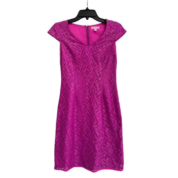 Lilly Pulitzer Selassie Fuchsia Pink V Neck Cap Sleeve Dress Sz 0 GS - Picture 3 of 8